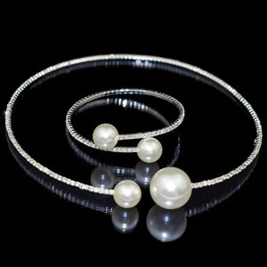Simulated Pearl Bridal Sets Crystal Wedding Jewelry Necklace Bangle Set