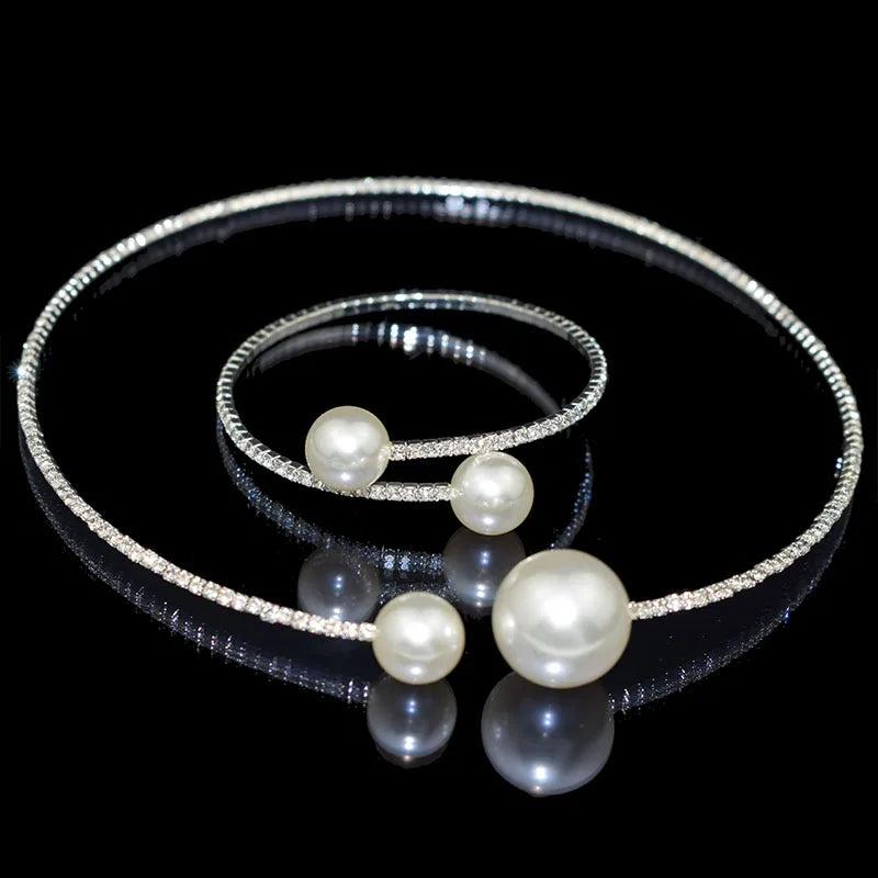 Simulated Pearl Bridal Sets Crystal Wedding Jewelry Necklace Bangle Set