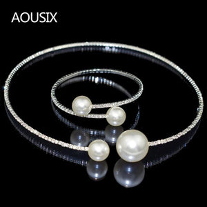 Simulated Pearl Bridal Sets Crystal Wedding Jewelry Necklace Bangle Set