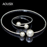 Simulated Pearl Bridal Sets Crystal Wedding Jewelry Necklace Bangle Set