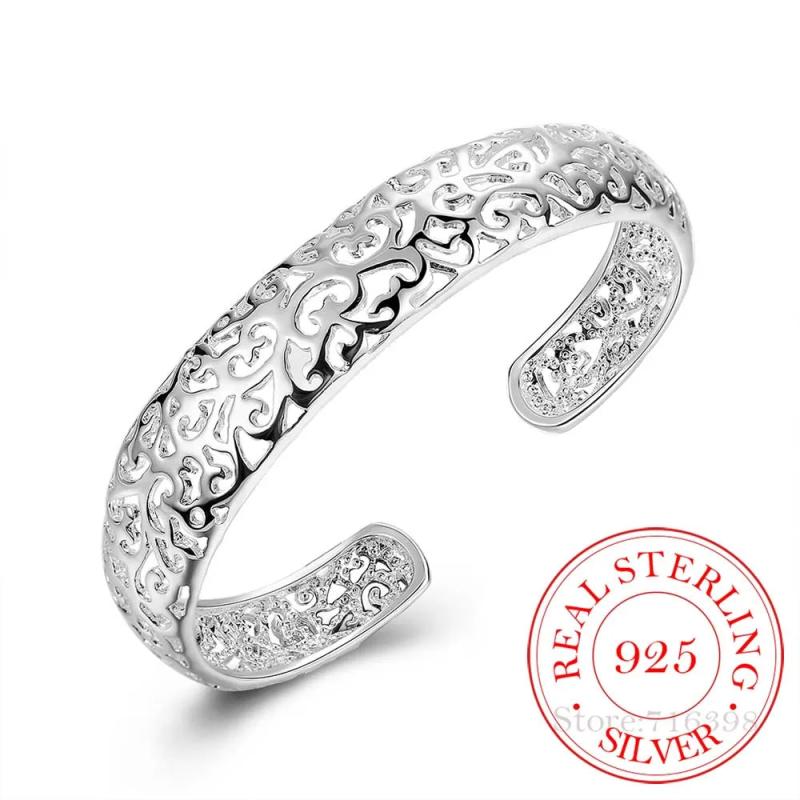 Ethnic Hollow Flowers Bangles for Women Sliver Love