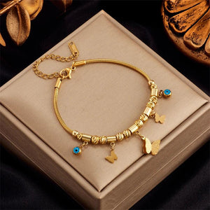 316 Stainless Steel Green Stone Butterfly Tassel Multilayer Snake Chain Bracelet