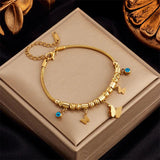 316 Stainless Steel Green Stone Butterfly Tassel Multilayer Snake Chain Bracelet