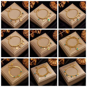 316 Stainless Steel Green Stone Butterfly Tassel Multilayer Snake Chain Bracelet