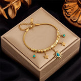 316 Stainless Steel Green Stone Butterfly Tassel Multilayer Snake Chain Bracelet