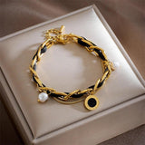 Vintage Leather Charm Bracelet with Imitate Pearl Pendant