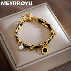 Vintage Leather Charm Bracelet with Imitate Pearl Pendant