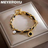 Vintage Leather Charm Bracelet with Imitate Pearl Pendant