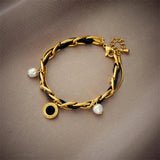 Vintage Leather Charm Bracelet with Imitate Pearl Pendant