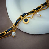 Vintage Leather Charm Bracelet with Imitate Pearl Pendant