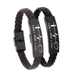 Engraved Leather Wristband Bracelet Faith Hope Love