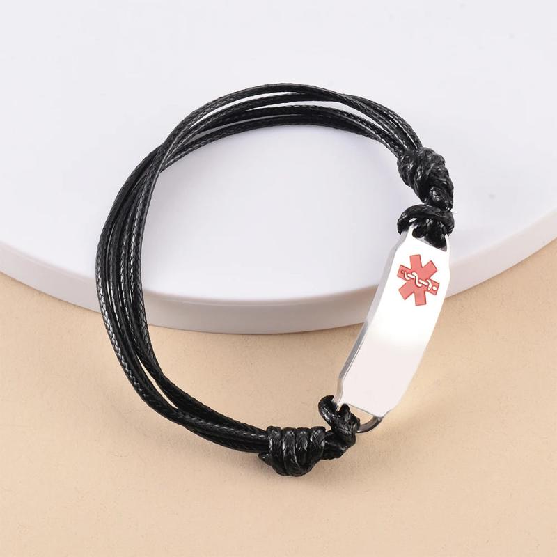 Adjustable Medical Alert ID Bracelet Stainless Steel LeatherRope MedicID