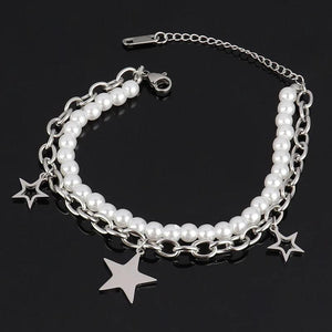 Double Layer Stainless Steel Heart Bracelet Pearl Charm Butterfly Star Jewelry