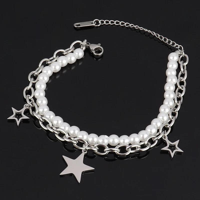 Double Layer Stainless Steel Heart Bracelet Pearl Charm Butterfly Star Jewelry