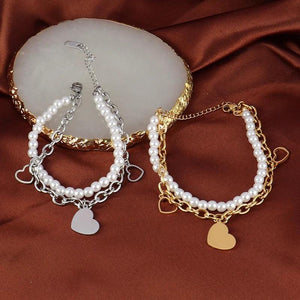 Double Layer Stainless Steel Heart Bracelet Pearl Charm Butterfly Star Jewelry