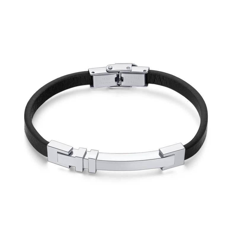 MenCharm Bracelet Stainless Steel Leather Cuban Bracelet