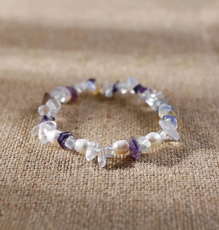 Natural Crystal Pearl Beaded Bracelet, Adjustable Bangle Charms