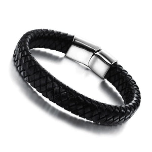 Men Punk Bracelet Leather Braided Stainless Steel Magnetic Buckle