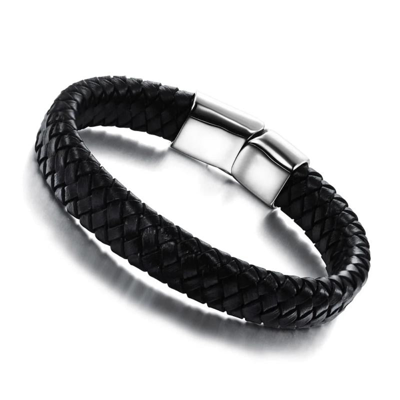 Men Punk Bracelet Leather Braided Stainless Steel Magnetic Buckle