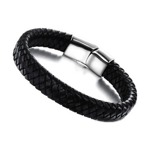 Men Punk Bracelet Leather Braided Stainless Steel Magnetic Buckle