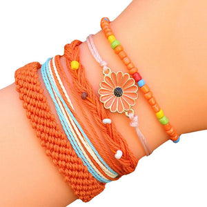 5 PCS Stained Flower Braided Bracelet Set, Adjustable Ethnic Beach Jewelry