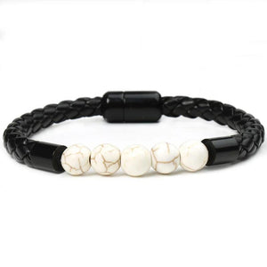 Men's Stone Beaded Bracelet with Leather Rope and Clasp