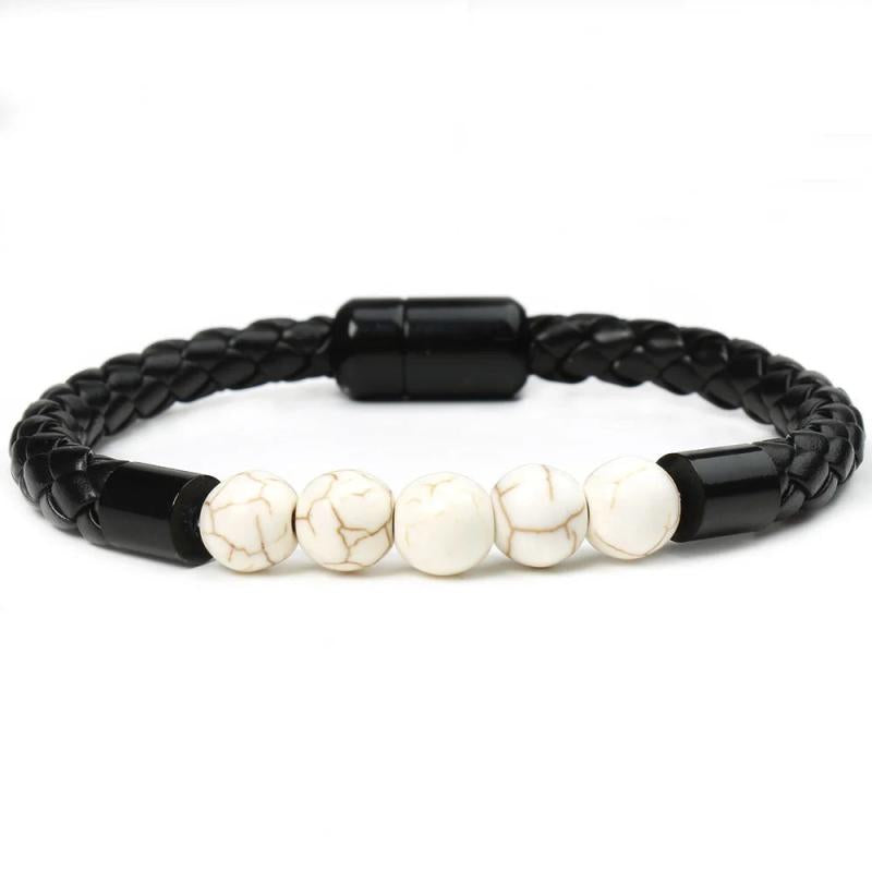 Men's Stone Beaded Bracelet with Leather Rope and Clasp