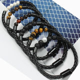 Men's Stone Beaded Bracelet with Leather Rope and Clasp
