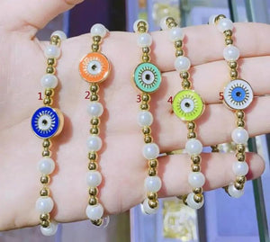 Colorful Evil Eye Heart Bracelet Copper Enamel with Pearl Beaded Gift