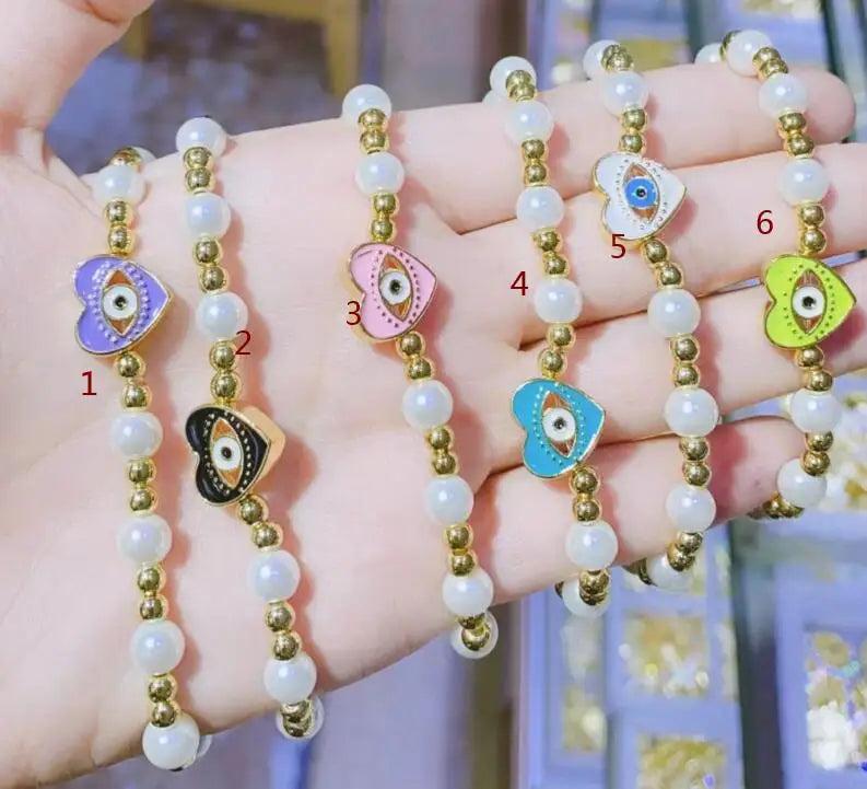 Colorful Evil Eye Heart Bracelet Pearl Beaded Bracalet for Women