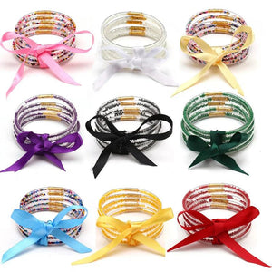 5pcs Buddhist Rush Bangle Bracelet Jelly Silicone Beads Ribbon Bow-knot