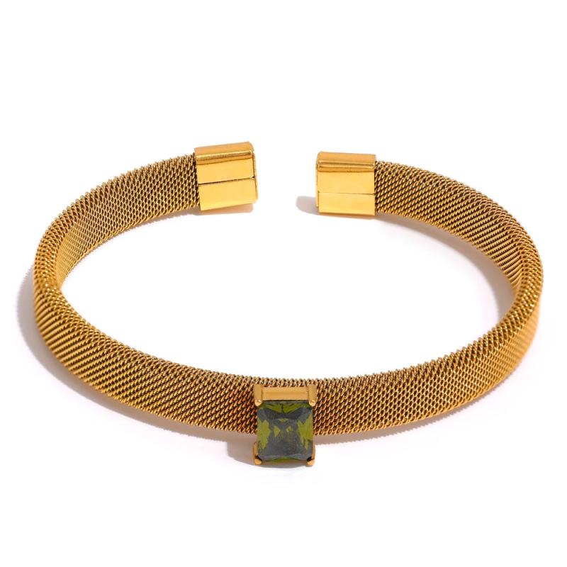 Stainless Steel Texture 18k Plated Chain Cuff Bracelet Olive Green