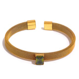 Stainless Steel Texture 18k Plated Chain Cuff Bracelet Olive Green