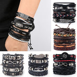 Owl Leather Bracelet Men Stackable Rope Chain Wrap Arm Bracelet Set