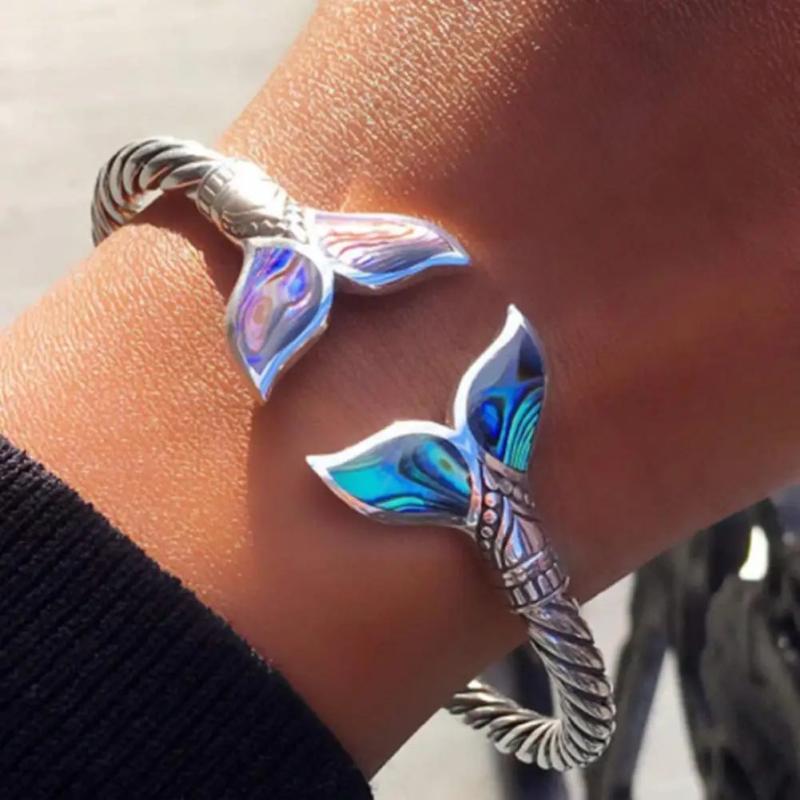 Metal Gradient Mermaid Tail Sleeve Bracelet Abalone Bangle Adjustable