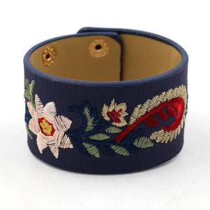 Kirykle Embroidery Flower Bracelet Wide Leather Bangles