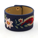 Kirykle Embroidery Flower Bracelet Wide Leather Bangles