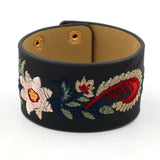Kirykle Embroidery Flower Bracelet Wide Leather Bangles