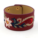 Kirykle Embroidery Flower Bracelet Wide Leather Bangles