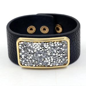 Square Full Drill Wide Leather Bracelet for Women