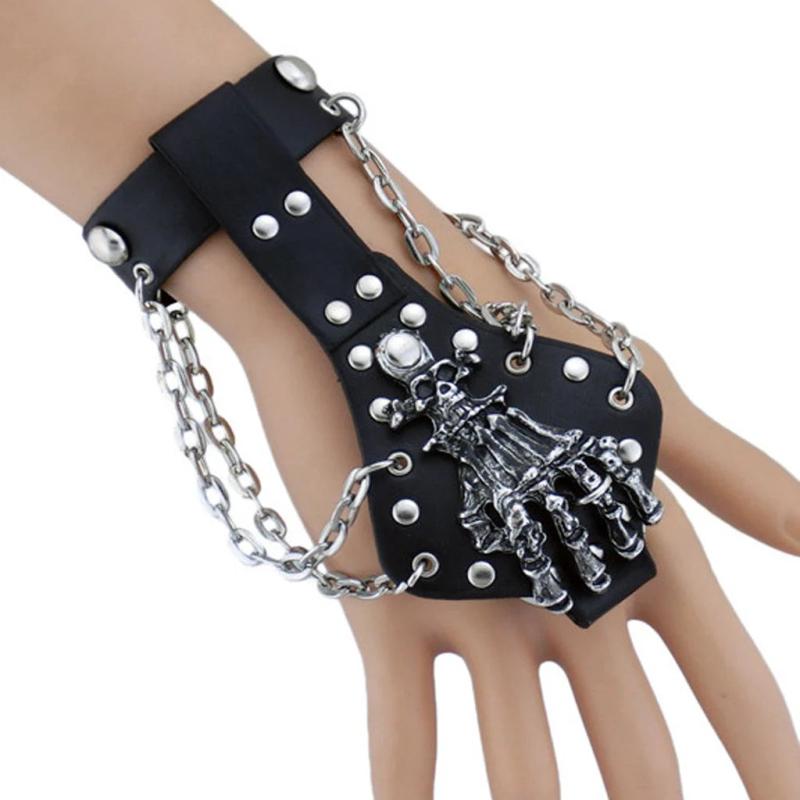 Gothic Spike Skeleton Hand Leather Cuff Bracelet
