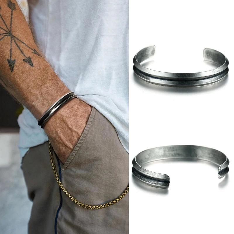 Stainless Steel Cuff Bangle Hair Tie Bracelet Retro Wristband Unisex Jewelry