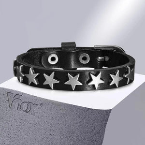Vintage Leather Bracelet for Men, Metal Stars Wristband, Male Bangle
