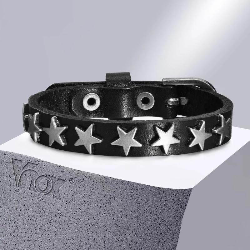 Vintage Leather Bracelet for Men, Metal Stars Wristband, Male Bangle