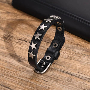 Vintage Leather Bracelet for Men, Metal Stars Wristband, Male Bangle