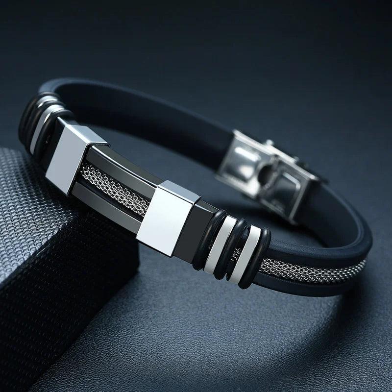 13mm Silicone Bracelets for Men, Grooved Band with Mesh Stainless Steel Chain