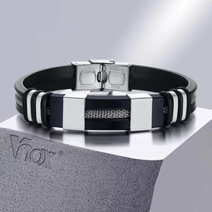 13mm Silicone Bracelets for Men, Grooved Band with Mesh Stainless Steel Chain