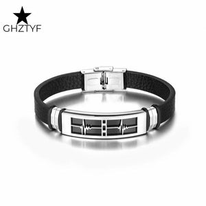 Heartbeat Charm Couple Bracelet Stainless Steel Leather Bangle