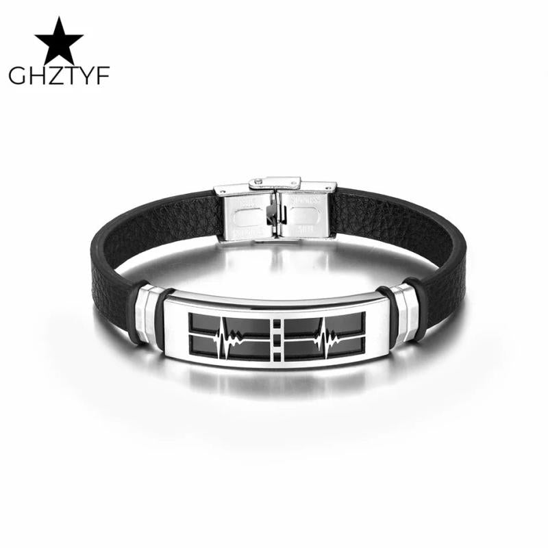 Heartbeat Charm Couple Bracelet Stainless Steel Leather Bangle