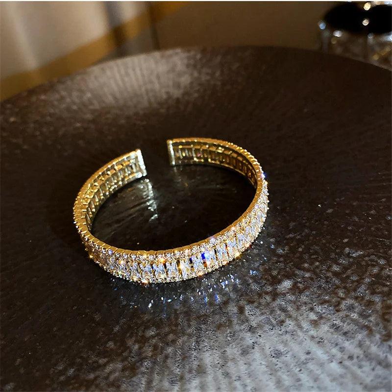 Golden Zircon Crystal Cuff Bracelet Geometric Rhinestone Bangles